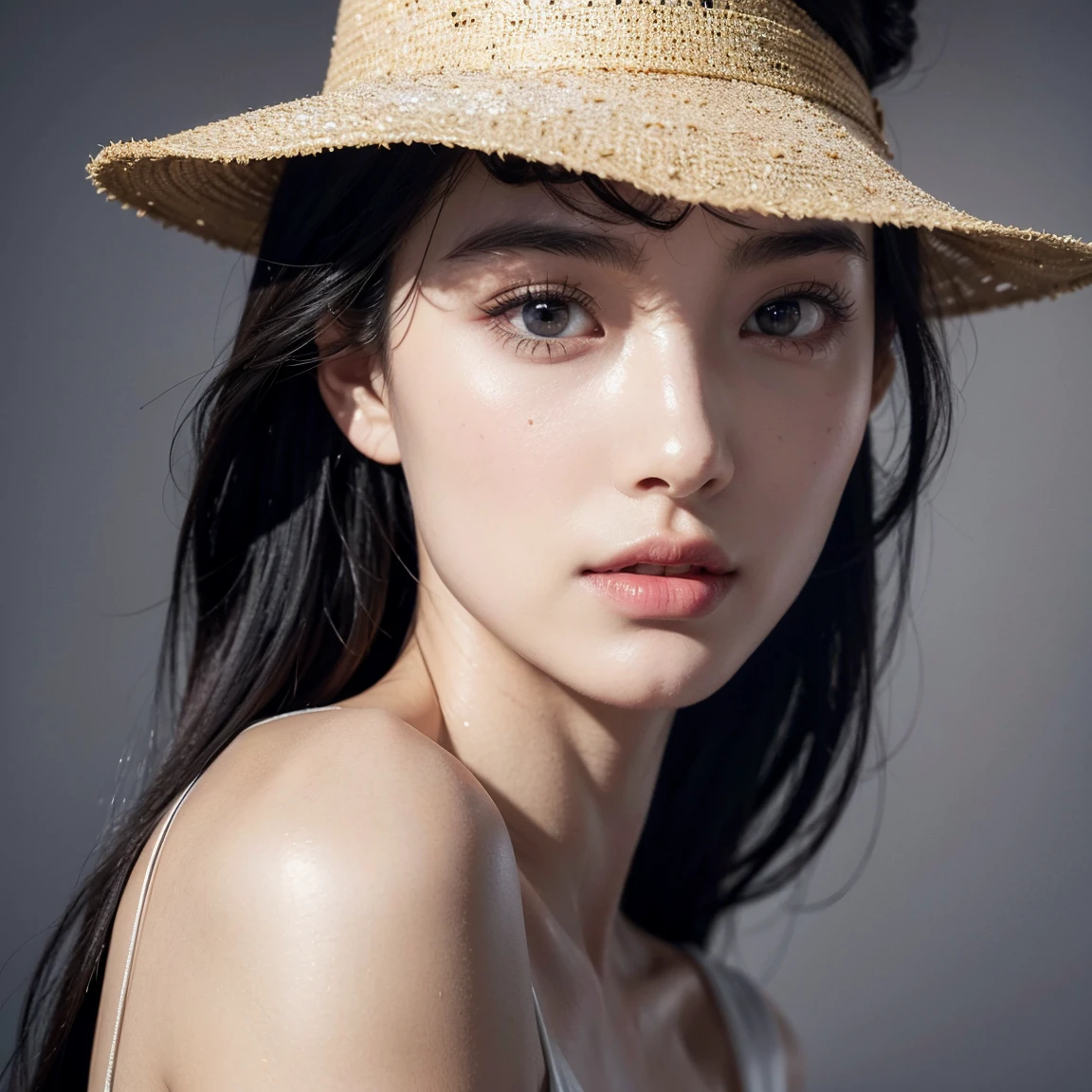 american chinese model, slim face, black wavy hair, sharp eyes, natural light, (((21 years old, Head and shoulder portrait:1.1))), Two eyes facing the lens, close-up of face, ((1 girl, Show half Body)). Ultra HD, Ultra-detailed, Highly Detailed, Ultra High Realistic, Ultra-realistic, Masterpiece:1.5, illustration:1.1, best quality:1.5, realistic, photorealistic, fine detail, perfect detail, sharp color, 4k, 8k, HDR, sharp focus, smooth detail, high resolution. (Anatomically Correct), (Detailed Realistic Skin Texture). slim body. A beautiful woman wearing long sleeves, Long black hair with bangs, Beautiful face, closed mouth, closed lips, detailed face, Beautiful eyes, perfect symmetrically perfect eyes