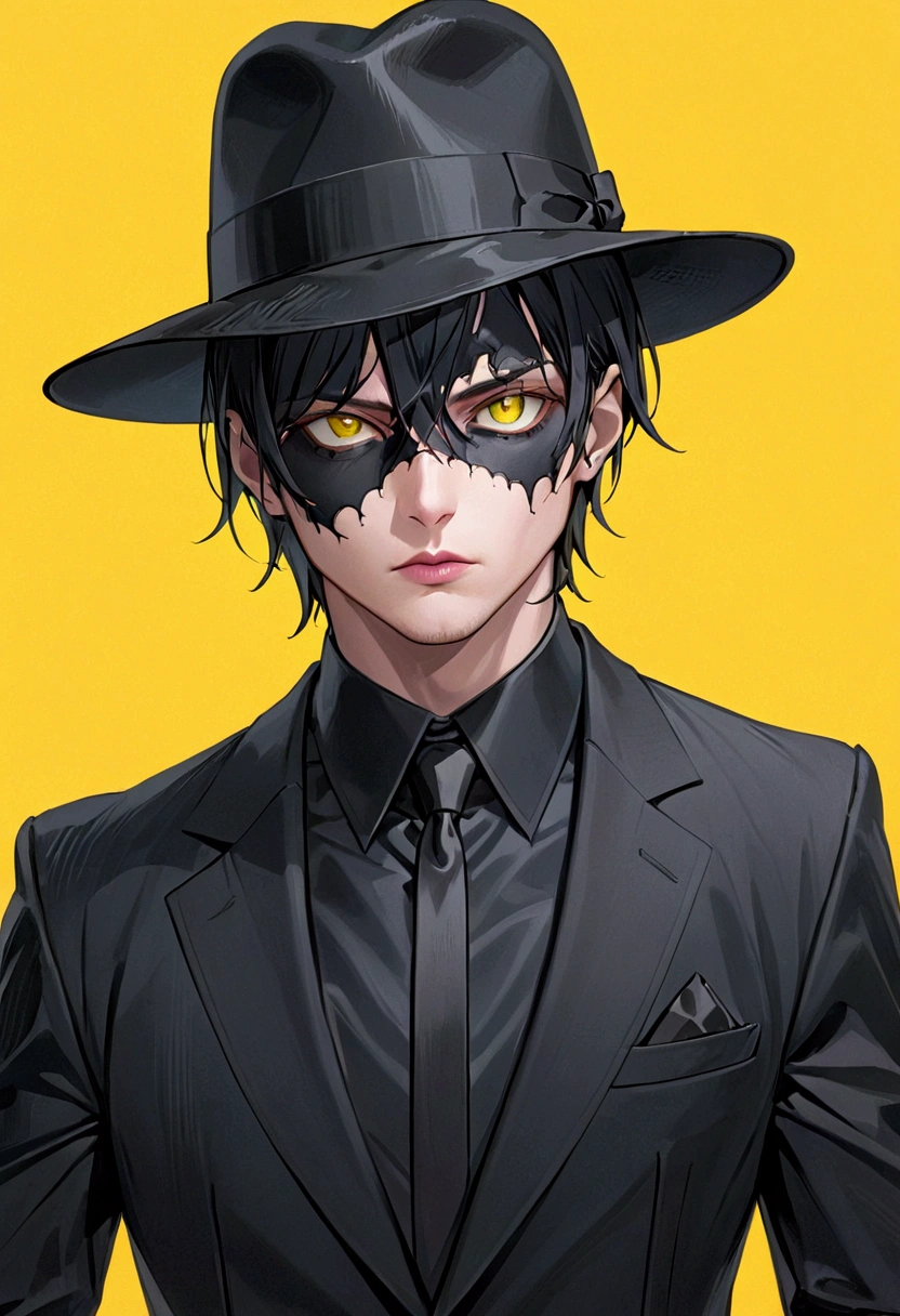 ATHEIST, man in black suit, bonitas, in black hat, YELLOW BACKGROUND DETAILED MOUTH AND DETAILED EYES, without hair/scrached
