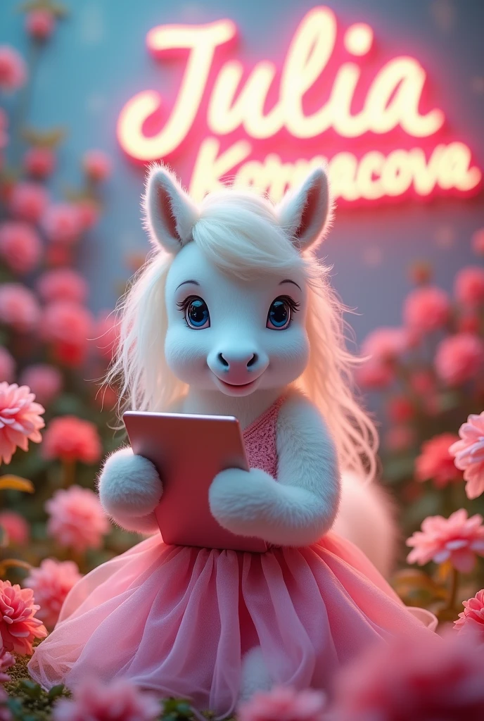 A beautiful white fluffy pony in close-up holds a tablet in a flowing pink dress, with flowers in the background and the name Julia Kornacova written in neon letters.