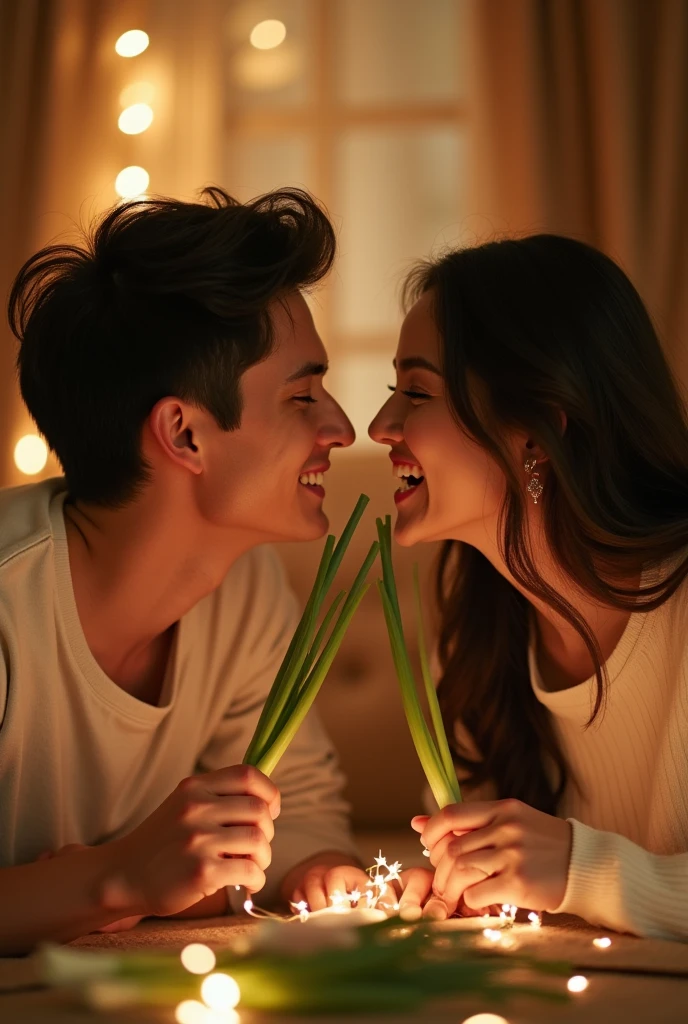 Couple erotically playing Pocky game with green onion