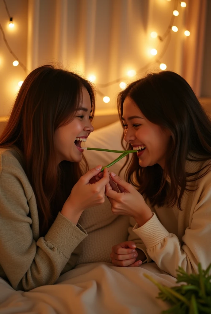 Couple erotically playing Pocky game with green onion