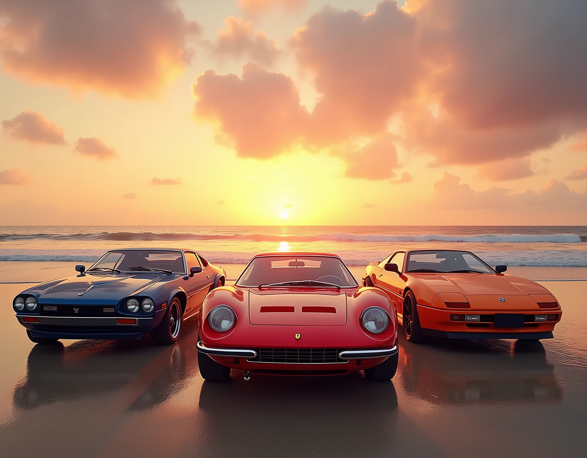 A picturesque vintage scene featuring three iconic cars, each in a different color and angle, positioned together at sunrise on a stunning beach. In the center is a classic red Ferrari, viewed head-on with its sleek curves catching the first rays of sunlight. To the left, a deep blue Nissan GTR is angled slightly towards the Ferrari, showcasing its powerful side profile. On the right, a vibrant orange Toyota Supra is angled towards the viewer, emphasizing its bold, sporty front. The background displays a breathtaking sunrise with the sun half-risen above the horizon, casting a warm golden light across the serene beach, where gentle waves meet the shore. The overall composition blends the beauty of classic automotive design with the tranquility of a perfect morning by the sea