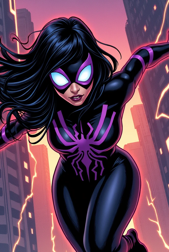 A Marvel comic book poster of a girl named Spider-Woman, the girl's hair is black with white front strands, her eyes are blue, her costume is black and purple.