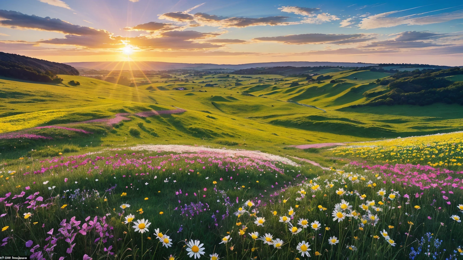 The sun is directly above.The painting depicts a vast expanse of wildflowers, stretching towards a distant horizon. The field is a riot of color, with various hues of pink, purple, yellow, and white dominating the scene. Individual blooms, such as daisies, poppies, and buttercups, can be discerned amidst the sea of color. The flowers appear delicate, with dew-kissed petals glistening in the morning sunlight.
The sky above is a clear, brilliant blue, punctuated by fluffy white clouds. The sunlight casts long, dancing shadows of the flowers onto the green carpet of grass. In the distance, a gentle hill rises, its slopes covered in a patchwork of fields and woodland.