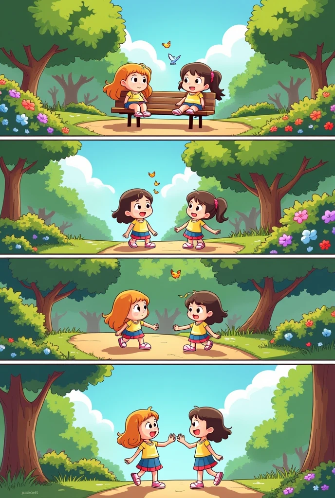 Generate an image with 4 pictures or slides of this comic strips of two girls with cartoon style
Slide 1:
Person A and Person B are standing facing each other in a park.
Slide 2:
Person A and Person B are sitting on a bench, continuing their conversation.
Slide 3:
Person A and Person B are walking along a path in the park.
Slide 4:
Person A and Person B are now parting ways, waving goodbye.