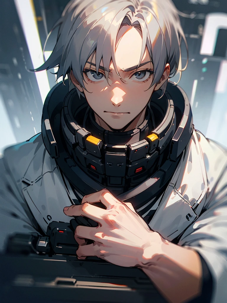 ((Best Quality)), ((masutepiece)), Perfect face, cyberpunked, Gray-haired young man, Near future, Cool, Leaning to the right