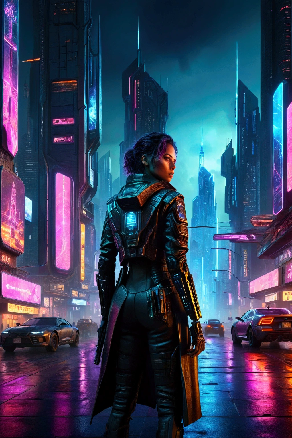 a lone gunman in a futuristic cyberpunk city, detailed cinematic lighting, dramatic atmosphere, dark sinister cityscape, neon glowing lights, high tech skyscrapers, moody colors, cinematic composition, hyper-realistic, ultra-detailed, 8k, photorealistic, award winning artwork, masterpiece, woman on billboards