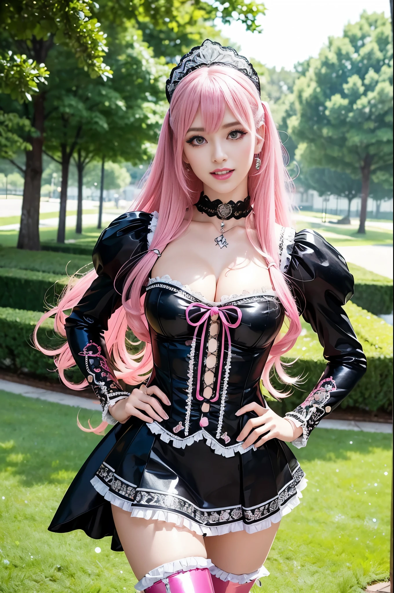 sexy stylish Swedish model, only 1 female, ((doll-like appearance)), long neon pink stylish hair, ((shiny Victorian-Style boots)), (big smile), ultra detailed eyes, vivid eye makeup, lipgloss, long lashes, defined eyebrows, ((sexy Paradise Kiss cosplay)), bell-shaped skirt, petticoats, high neckline, puffed sleeves, ((ultra detailed lace)), ((ultra detailed embroidery)), intricate details, Paradise Kiss accessoires and matching headpiece, choker, ((large sparkling Paradise Kiss jewelry)), cinematic light, detailed large park background with trees