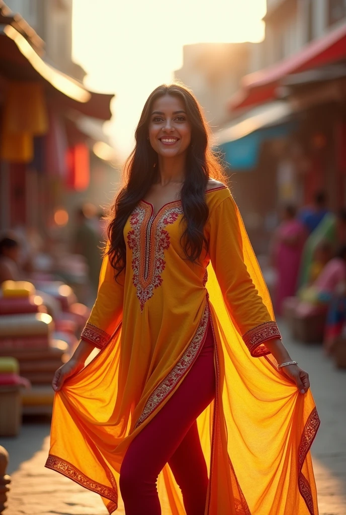 An Indian women of 30 years wearing tight leggings and kurti showing ass and kurti flying