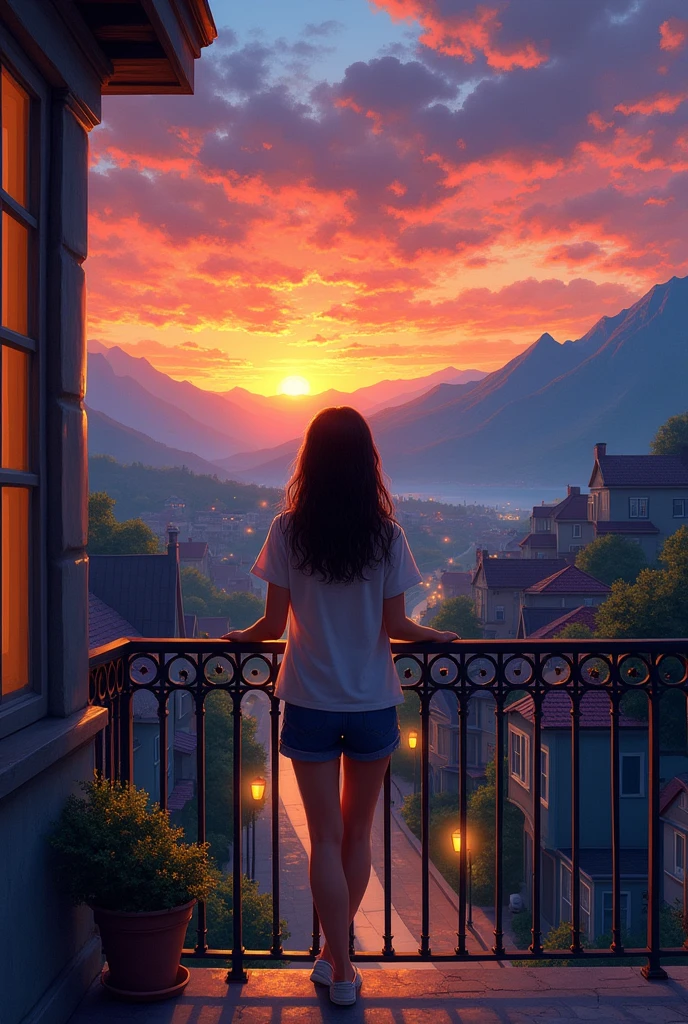 painting where in theres a teen age girl watching sunset from a balcony and theres neighborhood down there and mountain from afar