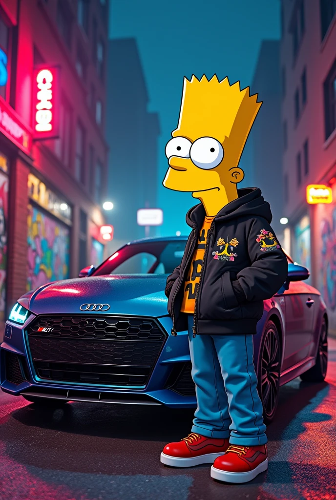 Generate an image of Bart Simpson with an Audi TT mk2 in a gangster mood, make it look real detailed