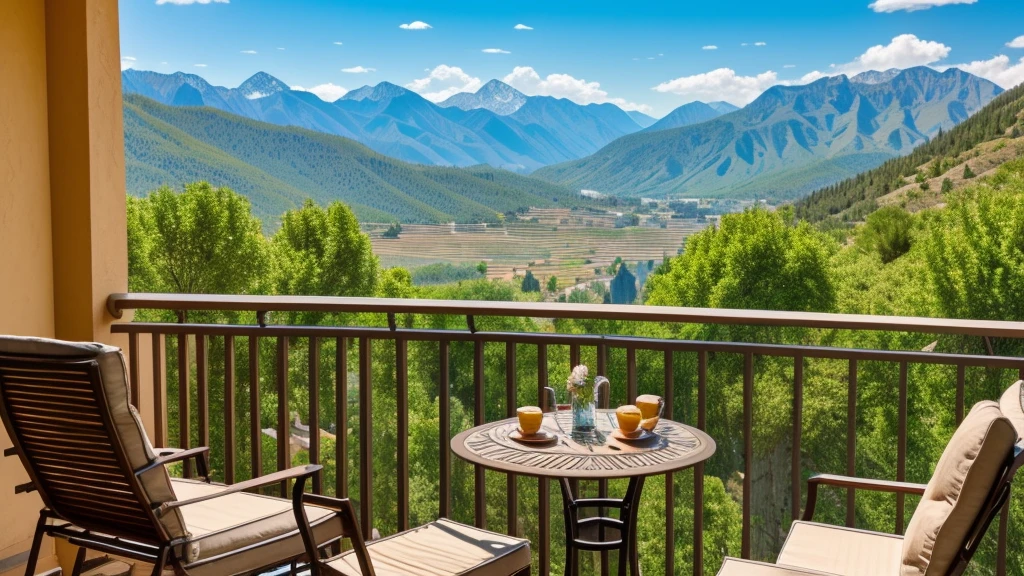 there is a table and chairs on a balcony with a view of the mountains, overlooking a valley, detailed scenic view, beautiful scenic view, beautiful terrace, chill time. good view, cafe in the clouds, stunning nature in background, overlooking a valley with trees, at the terrace, all in the amazing outdoors view, relaxing environment, balcony scene