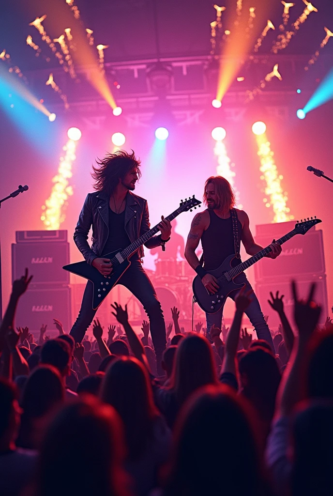 Create an animation picture featuring a cool hardcore rock band performing at concert. The animation should include energetic crowd reactions, dynamic stage lighting, and the band members engaging with the audience while playing their instruments