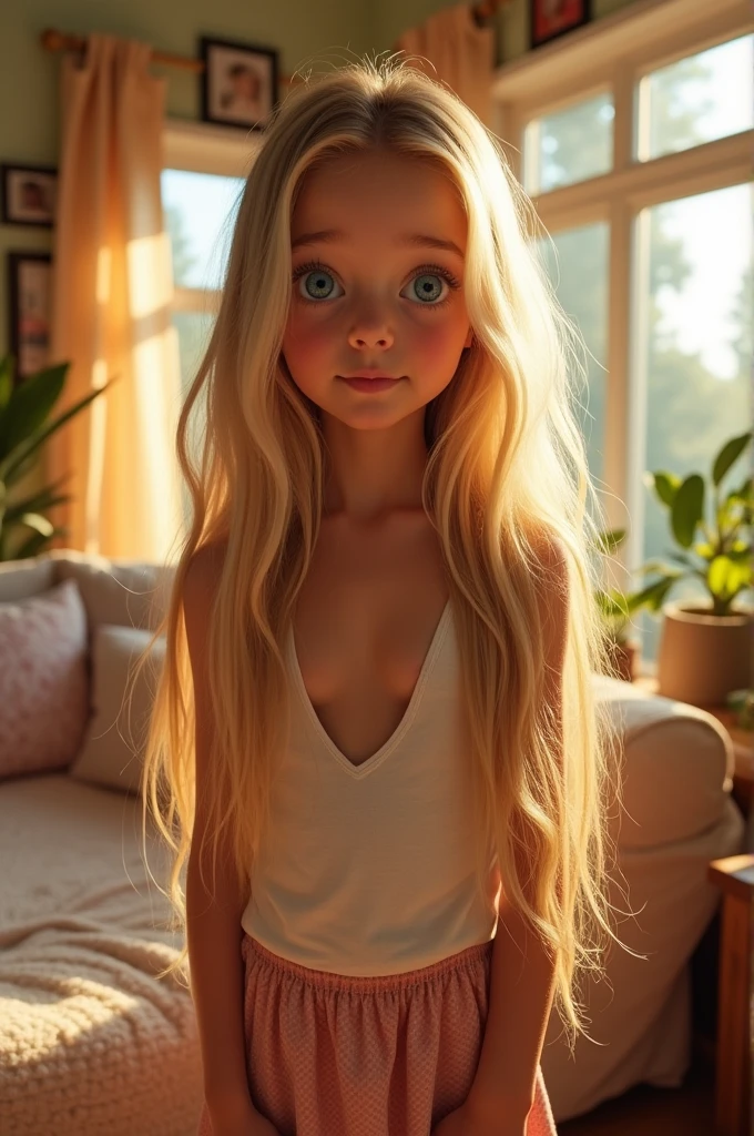Indoor scene, a girl with long blonde hair and blue eyes and wearing a low-cut top is standing in front of the house