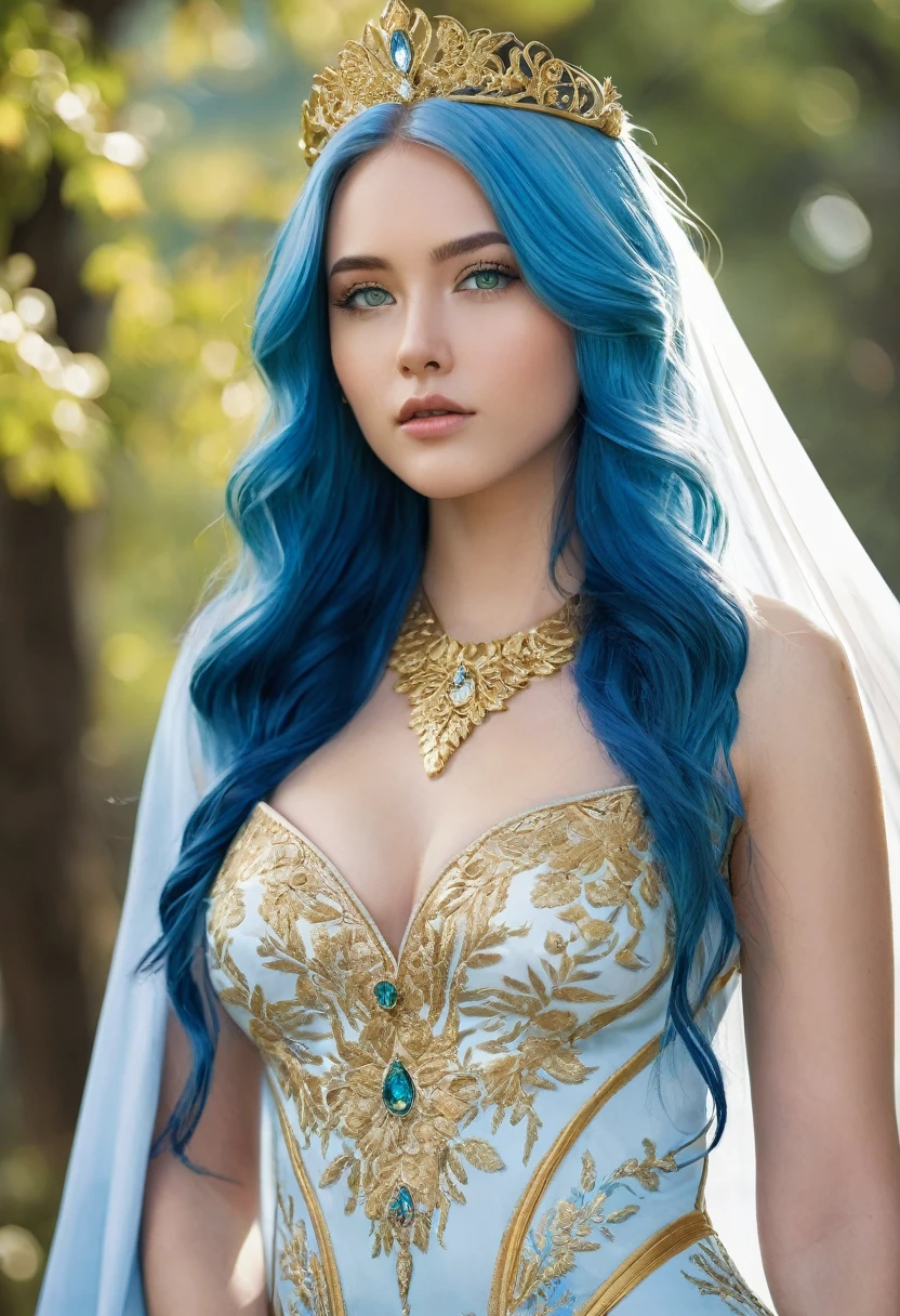 20 years old young girl with blue and white hair , long flowing blue hair, very long wavy azure blue hair, long blue hair, beautiful woman with blue hair, flowing blue hair, beautiful blue haired girl, pretty girl with blue hair, long azure blue hair, blue long hair, very long blue hair, girl with blue hair, blue hairstyle,, tall,height 180 cm, weight 45 kg, beautiful, athletic figure, medium round breasts , green eyes,(best quality, 4k, 8k, high definition), ultra detail, detailed face and facial features, beautiful detailed eyes, beautiful detailed lips, extremely detailed eyes and face, long eyelashes, graceful triangular face, classic lip shape, small graceful nose, super realistic

She is dressed in a mesmerizing, anime-inspired outfit—a gold and white goddess dress with a deep plunging neckline and a high slit up one side. The dress is adorned with intricate golden embroidery, and she wears a gold tiara with a matching armband. A flowing cape is attached to her shoulders, trailing behind her.

She stands tall beneath the oak tree, her cape billowing in the morning breeze as she looks towards the mountains. The light casts a divine glow on her figure, emphasizing her regal appearance.







