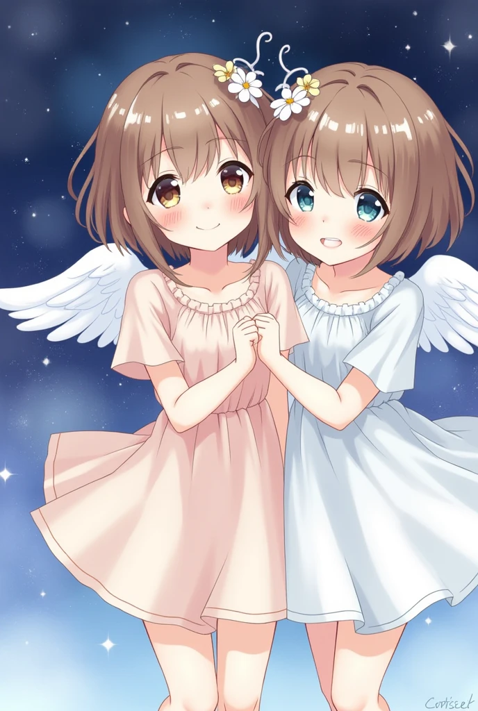 top quality, pastel painting, gentle atmosphere, twin girl angel, cute, white wings, smiling happily, brown short hair of different colors, one with blue eyes, one with green eyes, dresses of different colors, flower hair ornament, upper body, looking at the viewer, space, meteor, light,