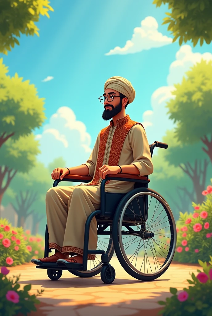 Muslim male sitting on wheelchair beautiful animated picture