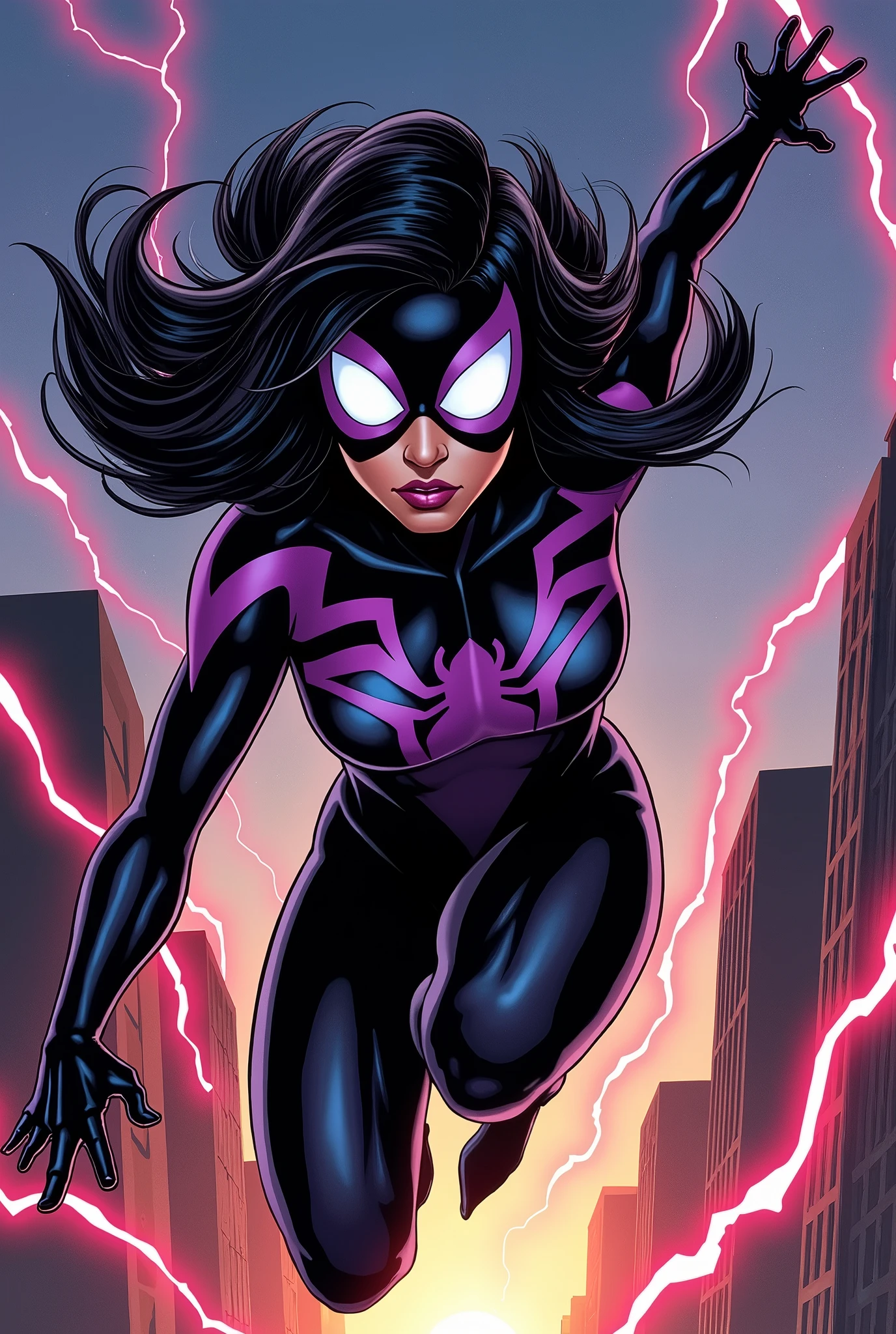 A Marvel comic book poster of a girl named Spider-Woman, the girl's hair is black with white front strands, her eyes are blue, her costume is black and purple. 