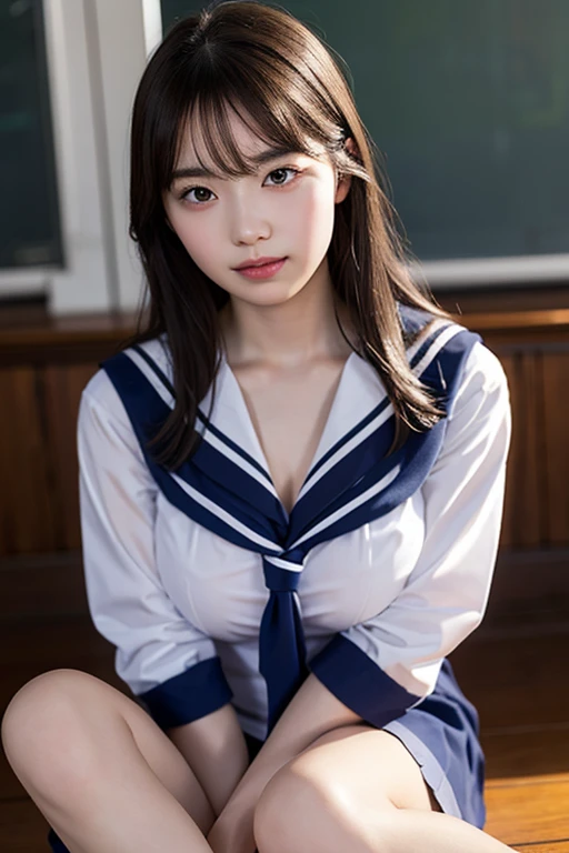 ((8K、High resolution、Highest quality、High resolution)))、Age 34、alone、Natural body shape、White skin、Natural Makeup、((Black Hair、bangs、Straight Long Hair))、(((Japanese Sailor Suit)))、((school uniform 、white short sleeve sailor uniform))、((Navy blue pleated skirt))、(Big Breasts:1.3)、((The upper body is wearing a uniform))、(((((Looking into the camera)))))、(((Head to shin portrait)))、(((Exposing your thighs)))、Bedroom、On the bed、sit、((Focus on the crotch))、White socks、(((Small size pure white panties)))