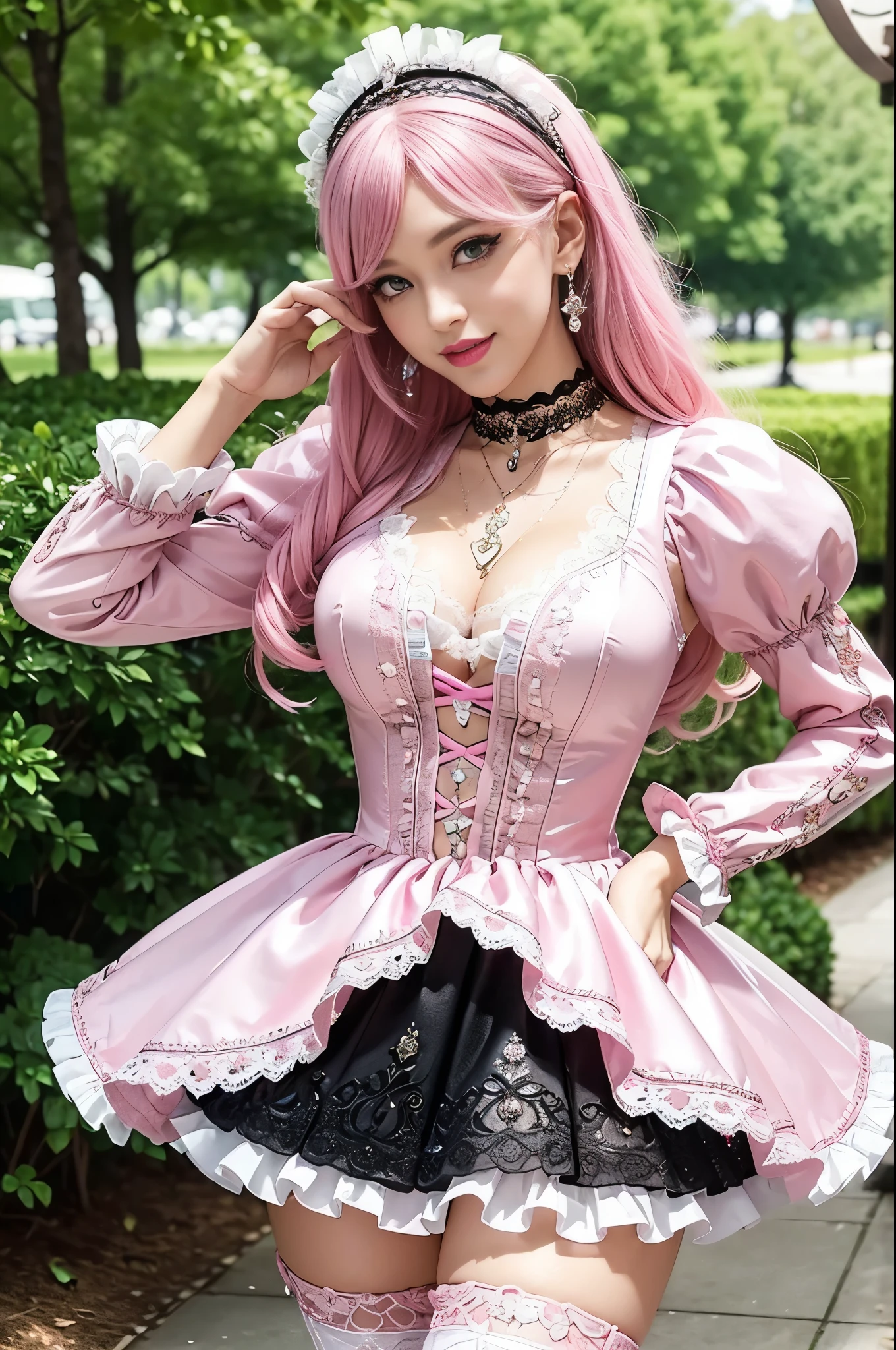 sexy stylish Swedish model, only 1 female, ((doll-like appearance)), long neon pink stylish hair, ((shiny Victorian-Style boots)), (big smile), ultra detailed eyes, vivid eye makeup, lipgloss, long lashes, defined eyebrows, ((sexy Paradise Kiss cosplay)), bell-shaped skirt, petticoats, high neckline, puffed sleeves, ((ultra detailed lace)), ((ultra detailed embroidery)), intricate details, Paradise Kiss accessoires and matching headpiece, choker, ((large sparkling Paradise Kiss jewelry)), cinematic light, detailed large park background with trees
