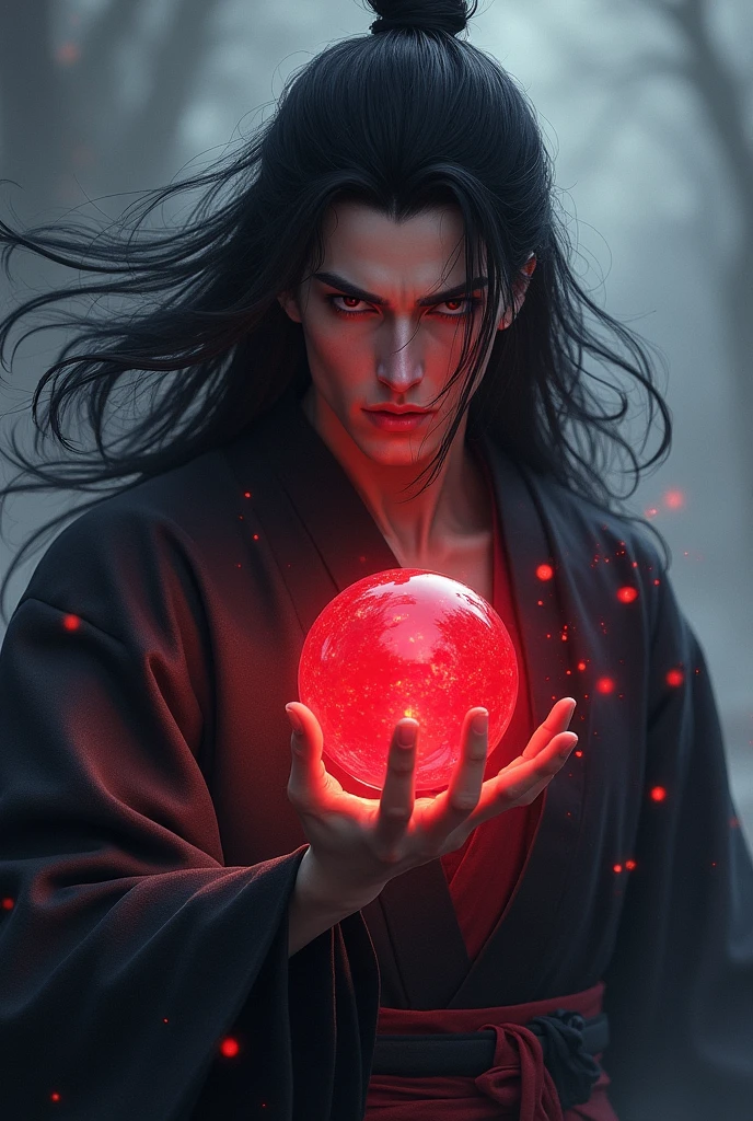 black haired, cold looking man, black eyes, long hair, majestic features, wearing a kimono, holding a glowing red ball of energy in his hand, novel cover.