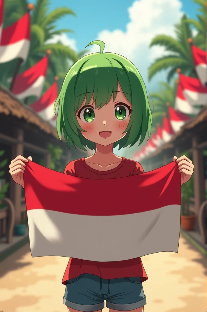 (high res, 8K, masterpiece, looking at viewer, best quality, very aesthetic, ultra detailed, ultra background, ultra Eyes, Realistic Eyes), intricate details, 1girl, Tatsumaki, plain red clothes, Smile Face, short jeans, Indonesian flag sticker on right cheek, Green short hair, Green eyes, holding the Indonesian flag, Indonesian flags on every street, Background Village, Cinematic Angle