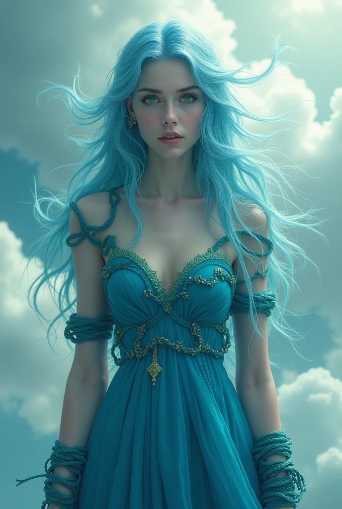 cloud goddess with a green and blue string wrapped around her arm and blue long hair, she is white, has make-up on her face, blue dress and have a green eyes and standing, blue and green ropes around her arms, DARK BLUE ROPES AND GREEN Accessories AROUND HER ARMS, A SEXY BODY, BLUE ACCESSORIES AND DARK GREEN STRINGS AROUND HER ARMS, BLUE AND GREEN STRINGS ACCESSORIES