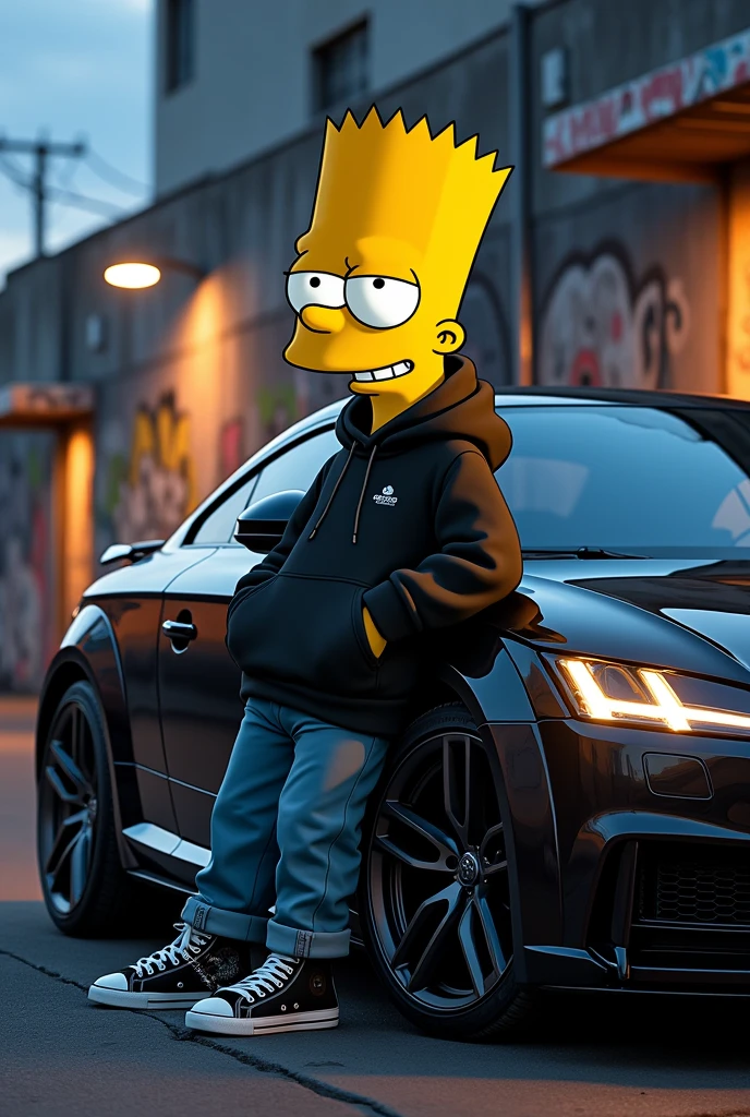 Generate an image of Bart Simpson with an Audi TT mk2 in a gangster mood, make it look real detailed