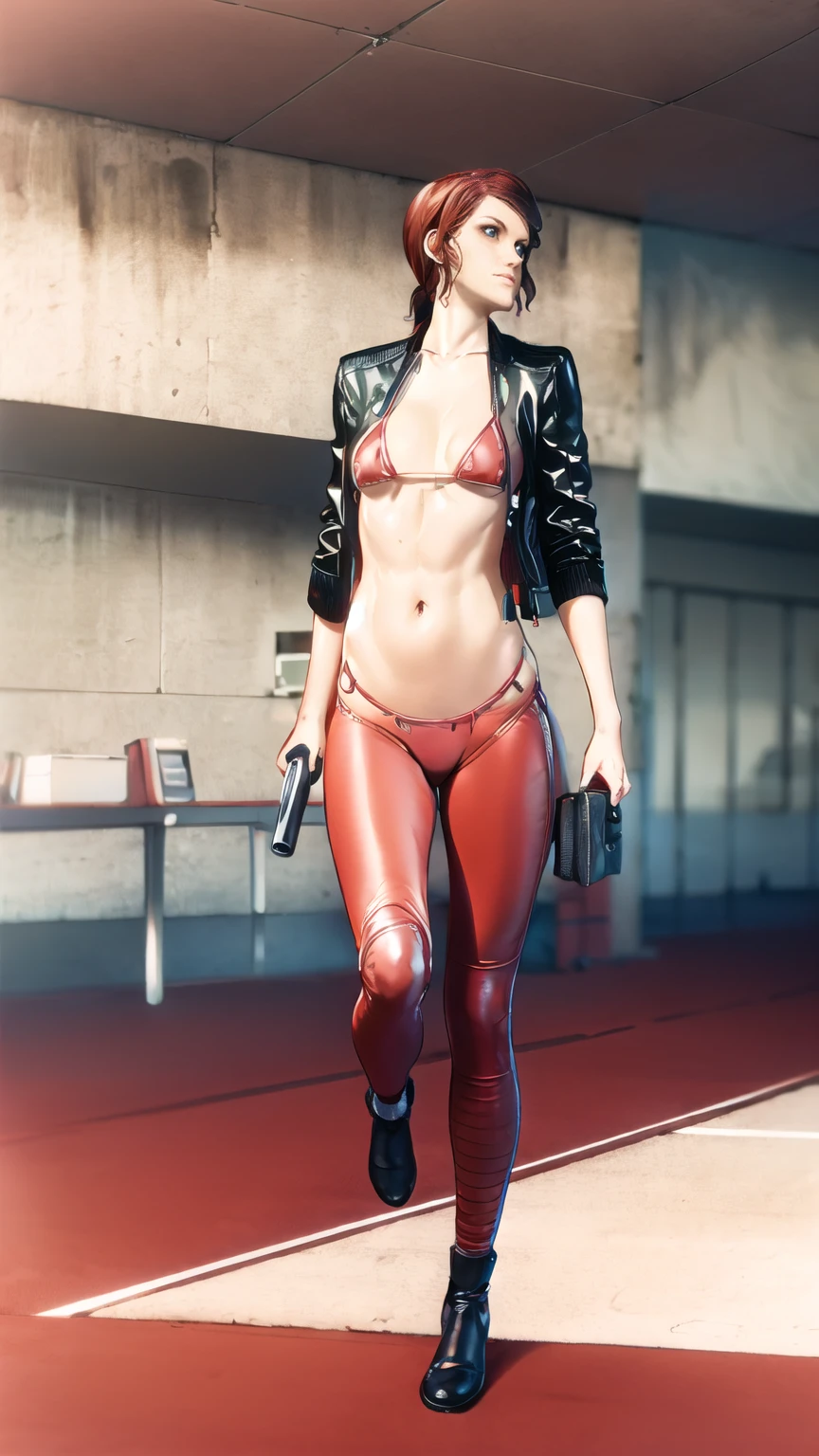 ((Courtney Hope)), crimson red hair, short ponytail, wavy hair, single sidelock, low ponytail, Jesse Faden from CONTROL, Slim lightly toned build, (medium bust:1.25), (Pokie nipples), (strong glutes), best hands, perfect hands, flawless skin, anatomically correct, BREAK: (black) Fitted motorcycle/bomber jacket 1/4 cropped, (skin tight (red) micro bikini top under jacket:1.35),  (black:1.3) bodycon jeans, black leather motorcycle boots, (holding 'Service Weapon':1.3), BREAK: (full length portrait), 1/4 turned away, (mid-stride running pose:1.4), wide shot, UHD, 16k, best quality, masterpiece, BREAK: (distorted brutalist) office interior, warpped 1960s era office interior, brutalist design elements and white concrete walls