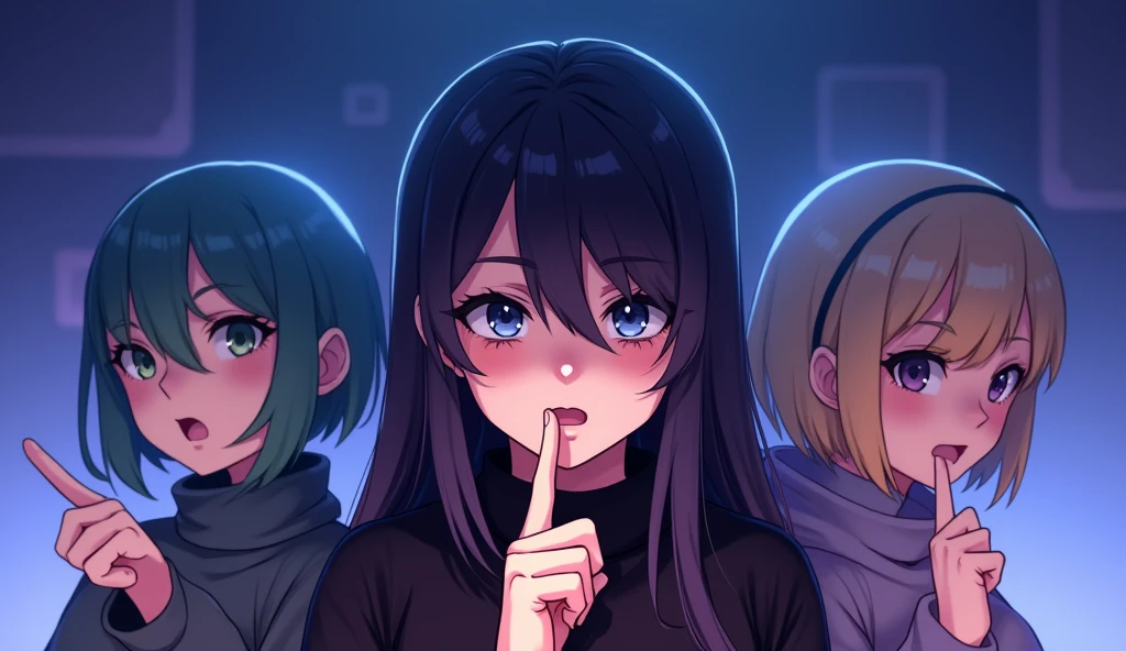 Anime style image featuring three characters in a dramatic scene. The first character, representing the 'Blurrr' application, is in a badass pose with their finger on their lips, signaling 'shhh' to the other two characters. The other two characters represent the 'CapCut' and 'Alight Motion' applications. The faces of all three characters should be simplified into squares or circles, allowing space for adding logos. The background should be a simple gradient