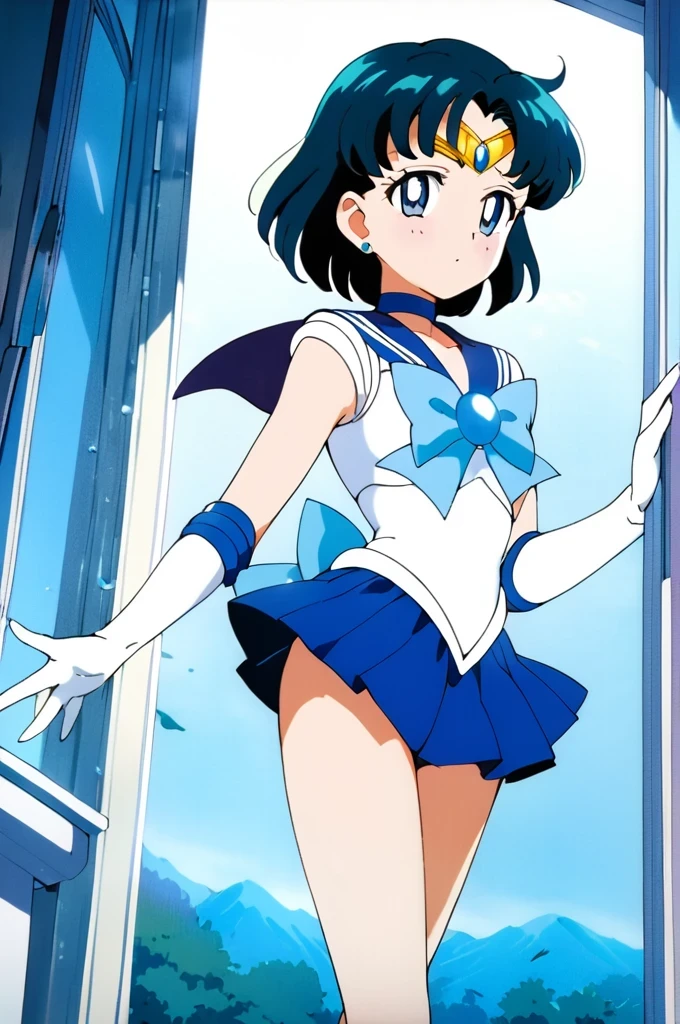 score_9, score_8_up, score_7_up, score_6_up, score_5_up, score_4_up, source_anime,
(masterpiece:1.3),(highest quality:1.4),(Super detailed:1.5),8k,High resolution,an extremely delicate and beautiful,Official Art,Perfect Anatomy,(anime_screencap:1.11),(90s anime,90s anime style,Cel-shaded anime:1.47),anime coloring,(1girl:1.5),
((aamercury:1.52)), short hair, blue hair, tiara, earrings, blue eyes, blue choker, blue sailor collar, blue bowtie, white shirt, elbow gloves, white gloves, pleated skirt, blue skirt, bare legs,