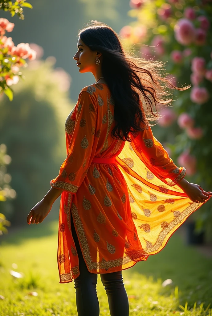 An Indian women of 30 years wearing tight leggings and kurti showing back and kurti flying