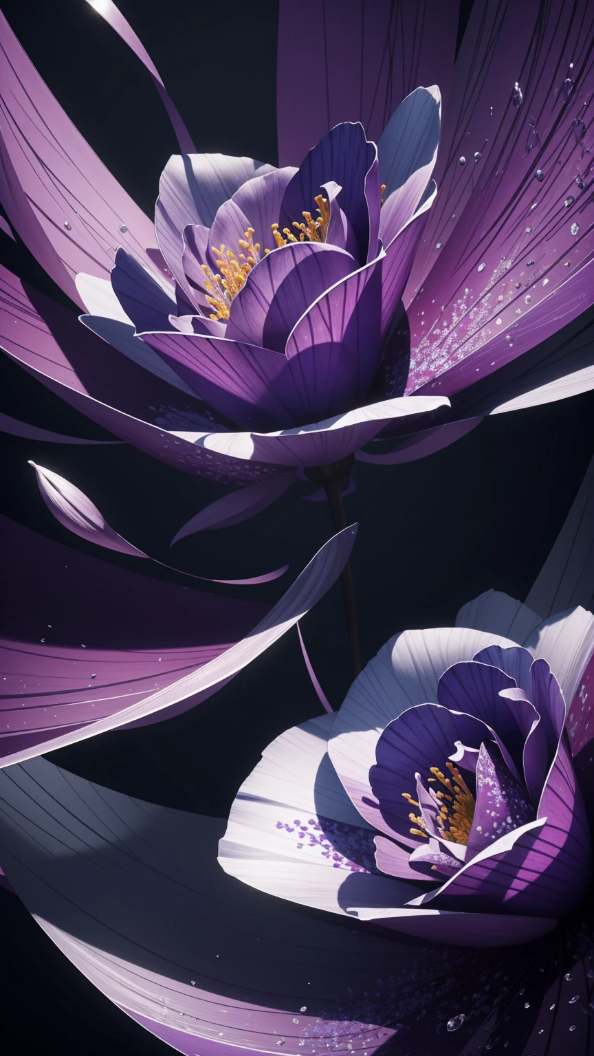 (masterpiece, Highest quality, Very detailed, 8k wallpaper), Abstract color splashes, Purple and Blue、Vibrant, sharp、petal