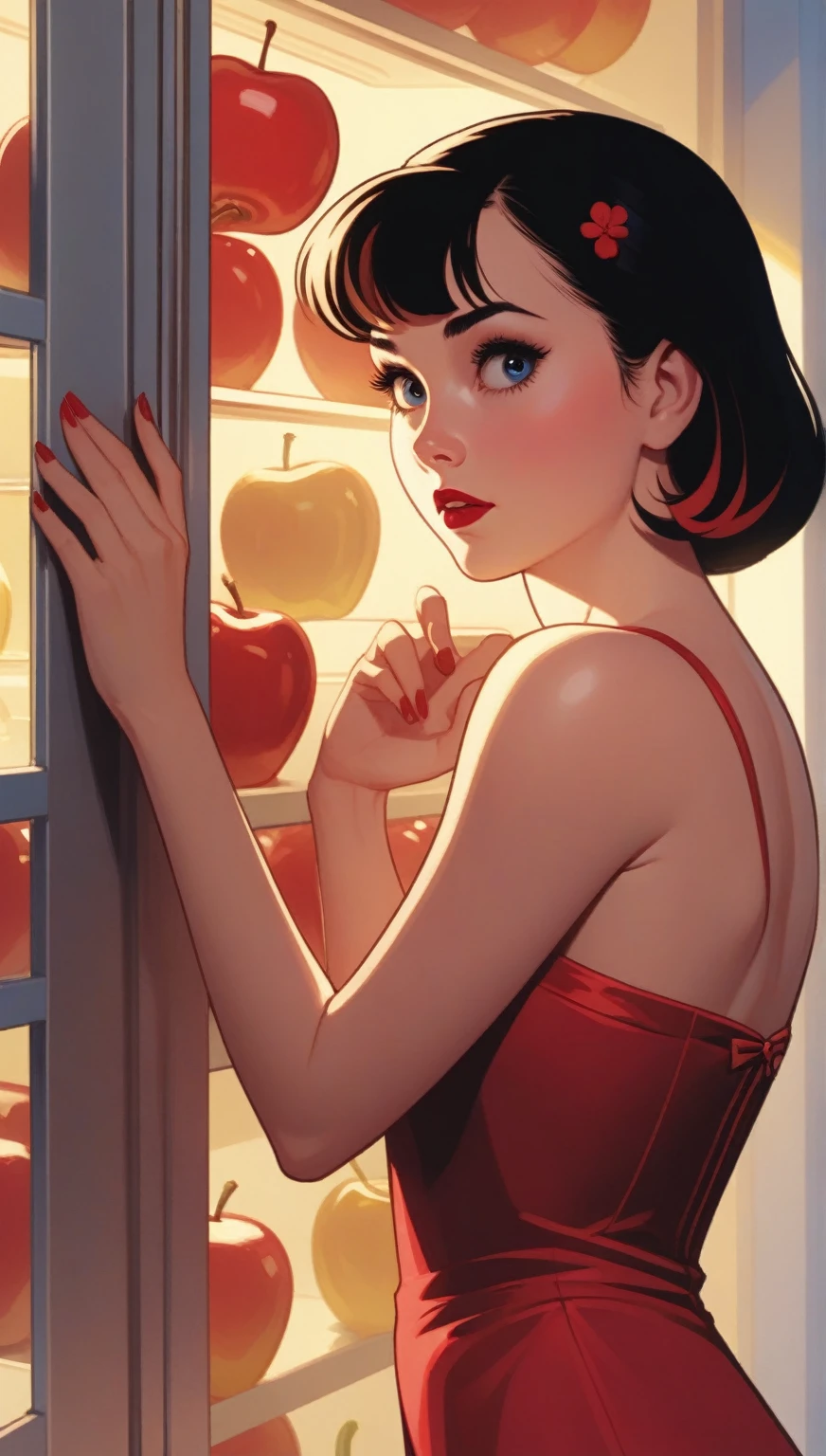 A close-up of a woman in a red dress , blue and yellow looking inside a refrigerator., Snow White, Art Style : Ilia Kuvshinov, artgerm and Ilia Kuvshinov, Ilia Kuvshinov. 4k, adam hughes, Betty Cooper, ( Ilia Kuvshinov ), inspired by Ross Tran, In the style of Ross Tran,
