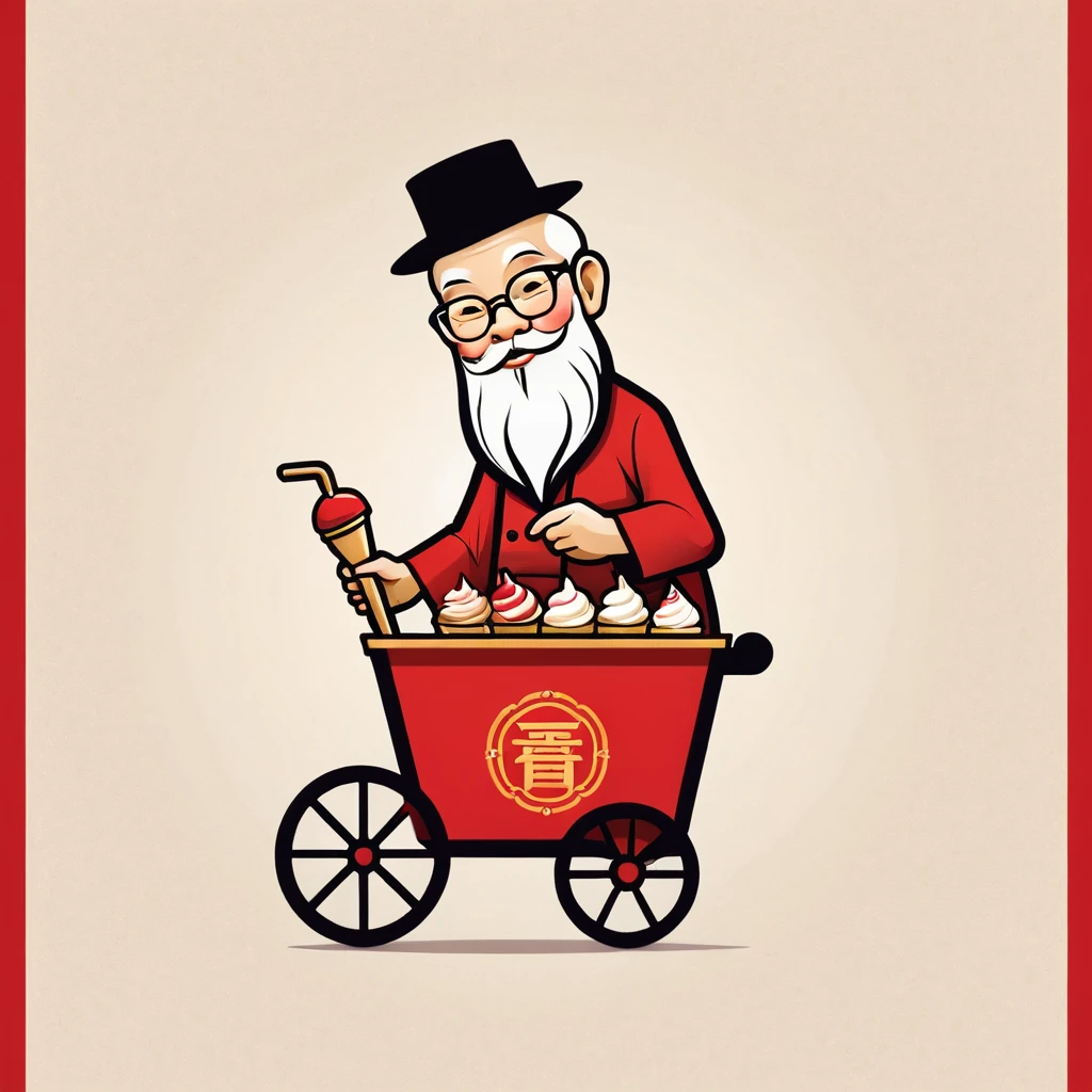 "Create a logo for a modern Chinese ice cream . Old man pushing a cart selling ice cream "ร้านตาอู๊ด" logoCombine traditional Chinese elements like minimalist modern design. Use a color palette of gold, red, and black. The logo should evoke feelings of luxury, tradition, and modernity."