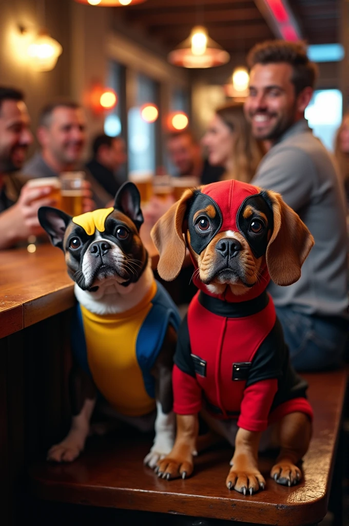 Beagle dog sitting in a Deadpool costume on the right side, a French bulldog sitting in a Wolverine costume, In the background, a counter full of people drinking and having fun at the bar