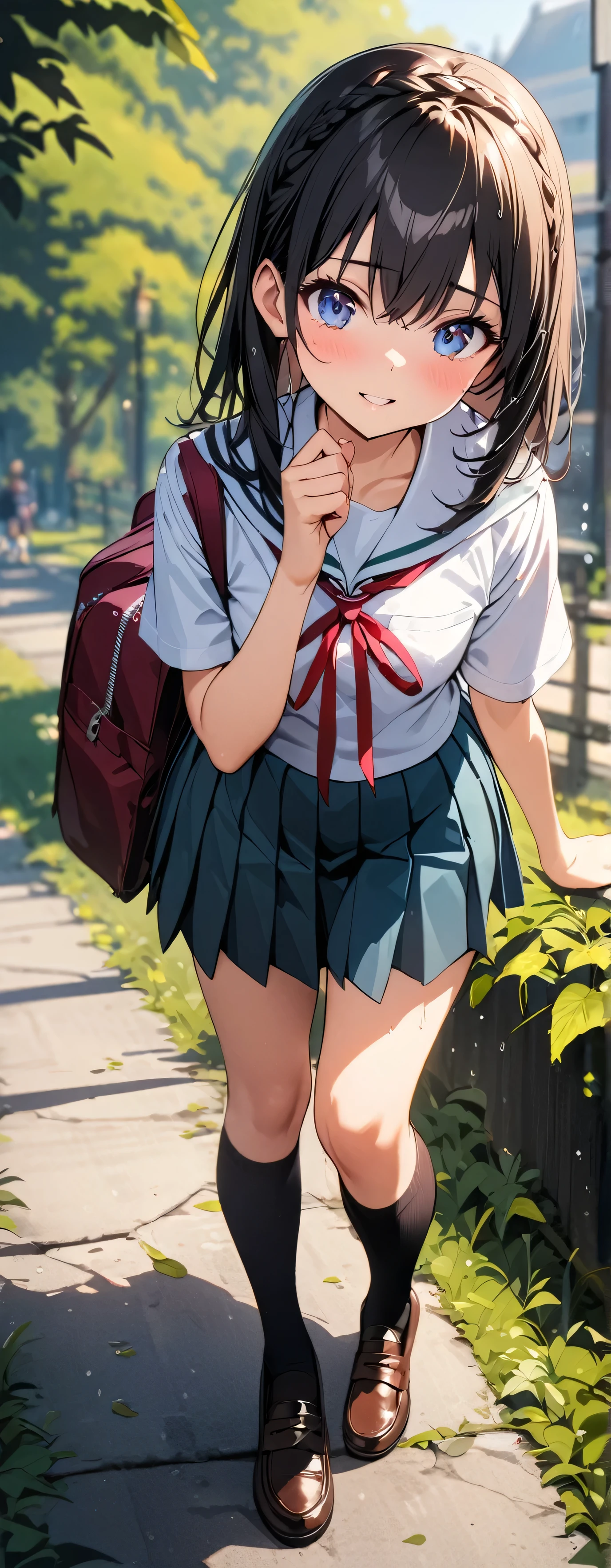 , (beautiful girl: 1.3),1girl,masterpiece, Highest quality, Ultra-high resolution,Rich contrast,super high quality,8k,Highly detailed CG unit wallpaper,Ultra-high resolution,RAW Photos, Depth of Field 1.2,overlooking,(magnificent panorama view:1.3),(High School Uniform&Pleated skirt:1.5),Black Hair,Crown braid,Ultra-detailed eyes,loafers,leaves dripping with rain,sunlight through trees,post-rain aroma