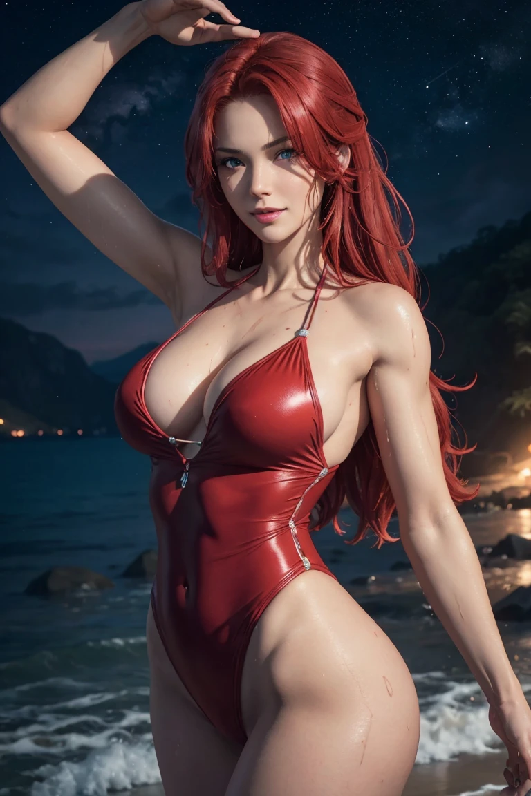 I want to be a powerful figure behind the scenes！,Iris Midgar,Red hair,long hair,Outside flip,Beautiful red eyes,Beautiful white skin,Photorealistic,Ultra HD,high quality,masterpiece,Digital SLR,Detailed details,Intricate details,Anatomical basis,Depicted in detail,A detailed face,Realistic skin texture,Vivid details,Perfect Anatomy,Perfect Anatomy,Anatomically correct hand,Anatomically correct fingers,Super Detail,Complex 3D rendering,Sexy pose,Red swimsuit,Wet,Beautiful night sky,A beach with a beautiful starry sky,Fantasy worldview,Picturesque,Pink Lips,smile,