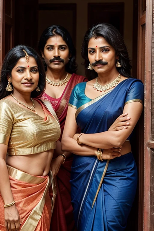a group of Indian middle aged women wearing sarees having beard and mustache