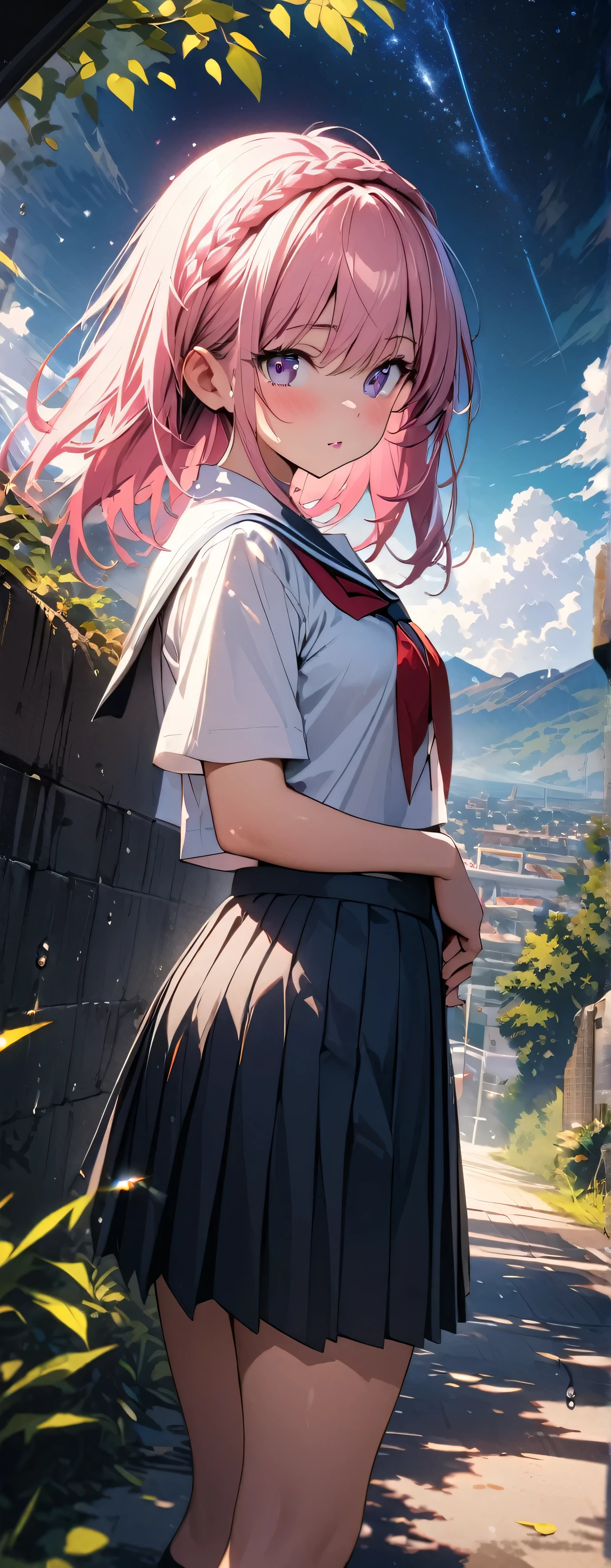 , (beautiful girl: 1.3),1girl,masterpiece, Highest quality, Ultra-high resolution,Rich contrast,super high quality,8k,Highly detailed CG unit wallpaper,texture,Incredibly absurd,Ultra-high resolution,RAW Photos,Depth of Field 1.2,Beautiful starry sky,overlooking,(magnificent panorama view:1.3),(High School Uniform&Pleated skirt:1.5),Pink Hair,Crown braid,Ultra-detailed eyes,(Sensual),loafers,leaves dripping with rain,sunlight through trees,post-rain aroma