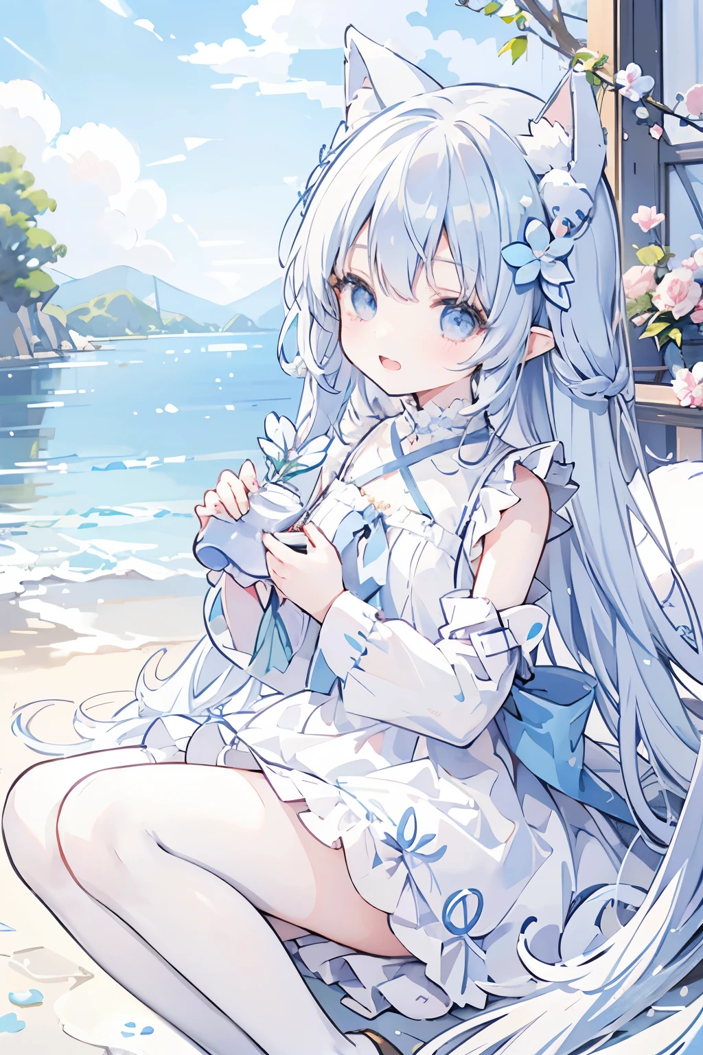 anime、pastel、Very young、child、Laugh with a big open mouth、Very short、Gray Hair、long、Flower Hair Ornaments、fluffy ears、Dropped ears、Fluffy tail、Big, cute eyes、With an odd eye of azure blue、Cheeky cheeks、Slender body、She is wearing a white and light blue dress.、Outdoor、Cute Girlfriend、Flower Field