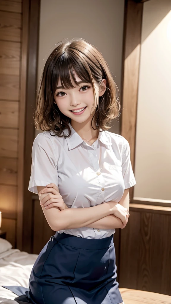 Studio Light, Written boundary depth, whole body, Hands on the side of the body、Black Hair、Pink short-sleeved stewardess uniform、Blue Skirt、thin, cute顔, smile, Laughing out loud with teeth showing、Beautiful details in the eyes, 19 year old Japanese, cute, Voluminous curls and warm blonde color, Plaza, casual