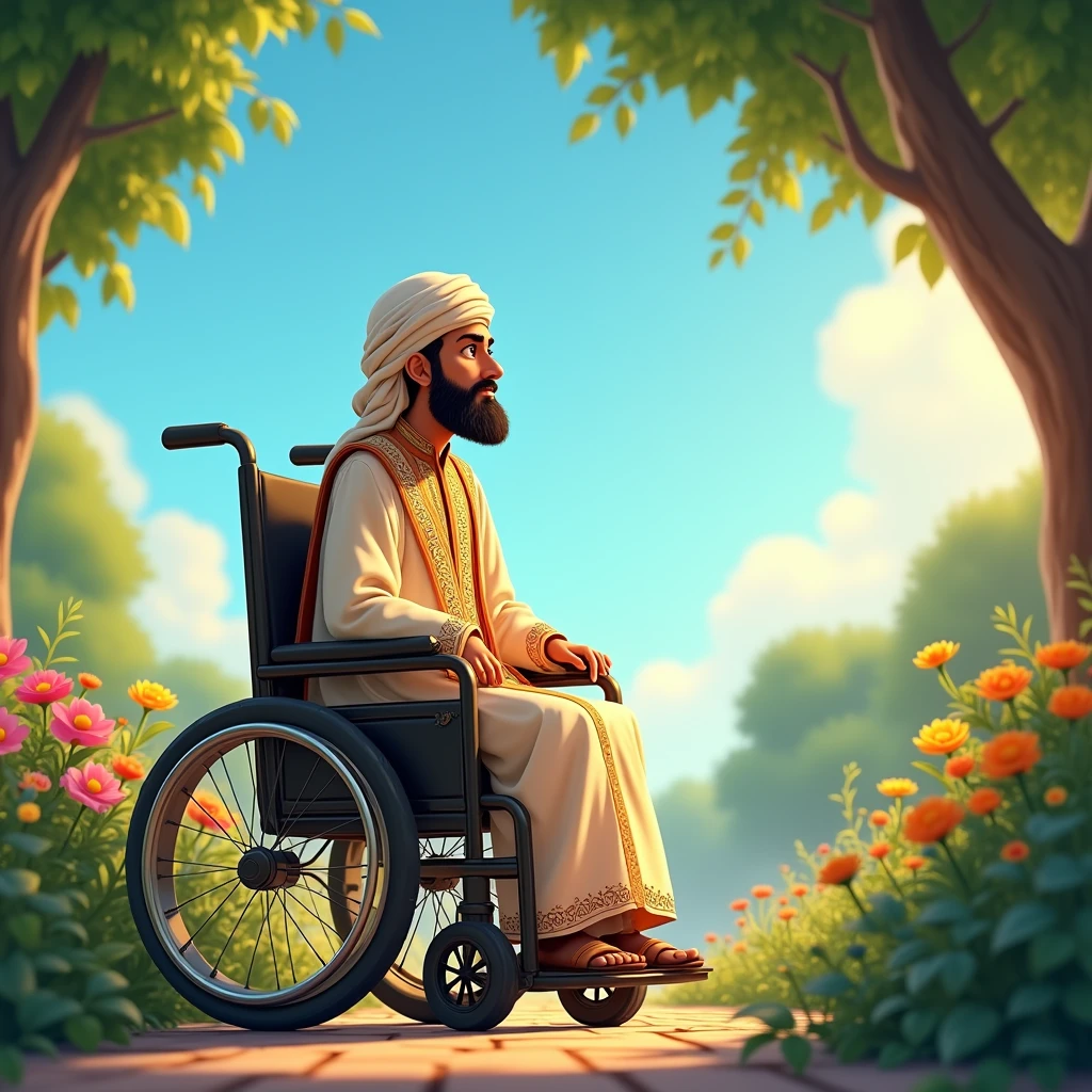 Muslim male sitting on wheelchair beautiful animated picture