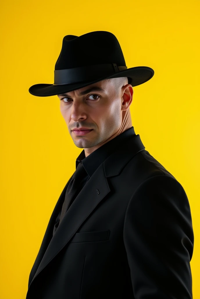 man in black suit, bonitas, in black hat, YELLOW BACKGROUND DETAILED MOUTH AND DETAILED EYES, without hair/scrached