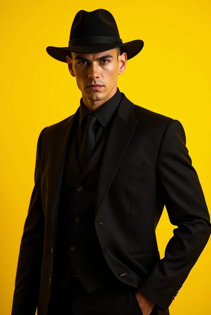 man in black suit, bonitas, in black hat, YELLOW BACKGROUND DETAILED MOUTH AND DETAILED EYES, without hair/scrached