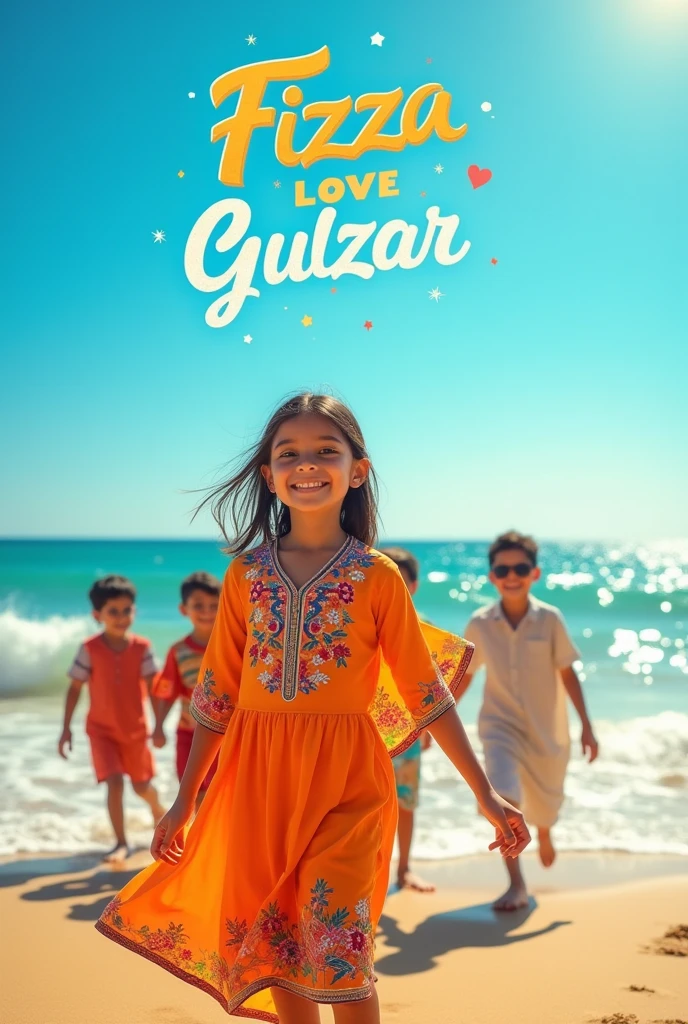 A girl hug boys who is standing on the beach wearing a punjabi dress and in the background written fizza love gulzar