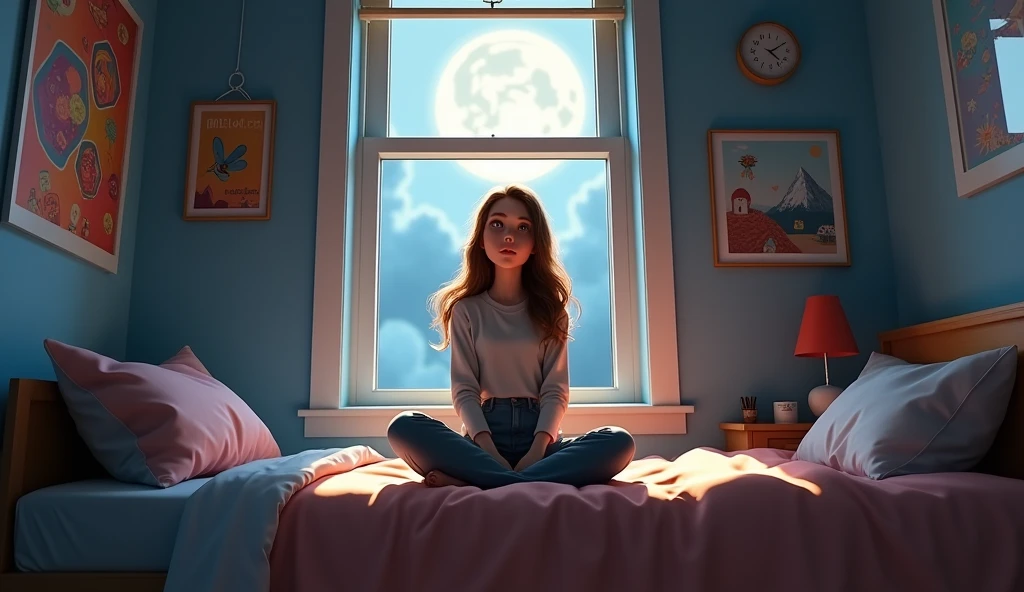 Animated 3d render An 22 year old girl   brown hair sitting on her bed and looking up 
and thinking at night  animated ,3d render  wearing trouser shirt 3d render ,animated,animated 