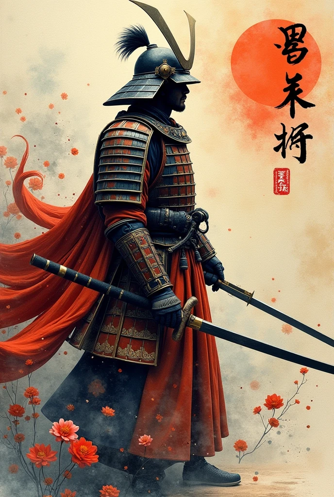 fusion of watercolors and oil paintings, fusion of paper cutting and shadow puppetry, mix of Japanese painting, ukiyo-e and woodblock prints, mix of monochrome and color, conceptual installation art, cool (helmet, armor, armor), samurai, haori and hakama, shiny Japanese sword, (ultra detailed, absolutely resolution, best quality:1.3), 2.5D, delicate and dynamic, artistic, hyper, graphic CG digital art, background iridescent old Japanese paper