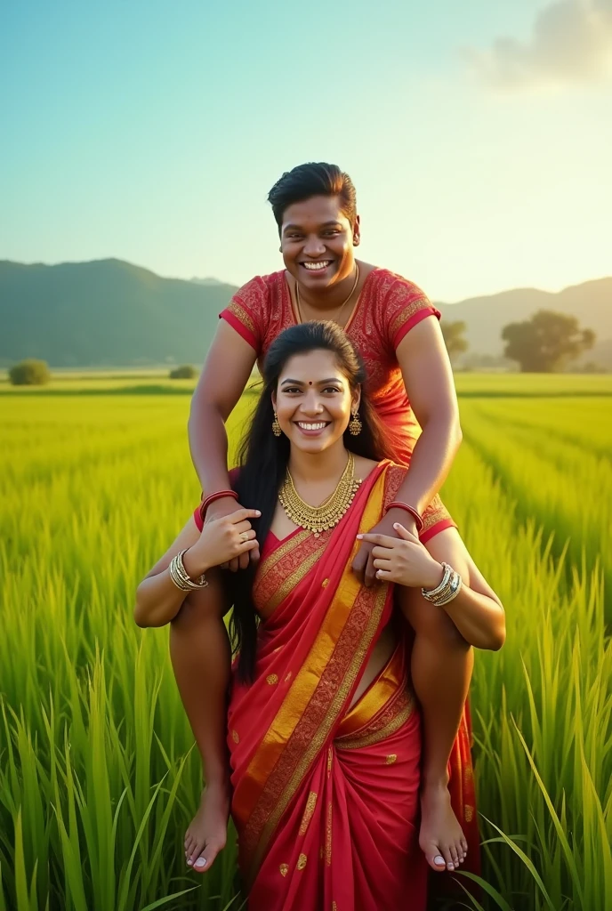 Create a realistic photograph of a smiling and beautiful indian village actress in silk sare is carrying a large stout man on her shoulders , in a paddy farm, man is sitting on top of her shoulders , man on top, woman standing at bottom 