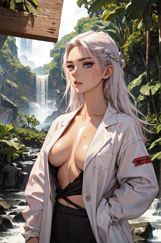 （lifelike， high - resolution：1.3）， 1 girl with a perfect body，slender body, Super fine face and eyes，assasin, dark makeup, shiny skin，white hair,((torn and ripped jungle clothes underneath lab coat)， Expose cleavage, extravagant makeup, pink eyeshadow, dark makeup shocked expression,  shiny skin, action pose, extravagant makeup, leopard print, lab coat, savage lands, feral lands, (waterfall, soaked), grey blue eyes, (disheveled hair)
